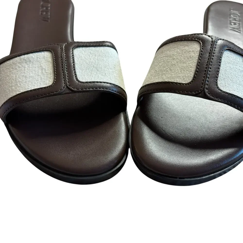 J.Crew Brown Leather Slide Sandals Ivory Strap Minimalist Summer Flat Size 8.5